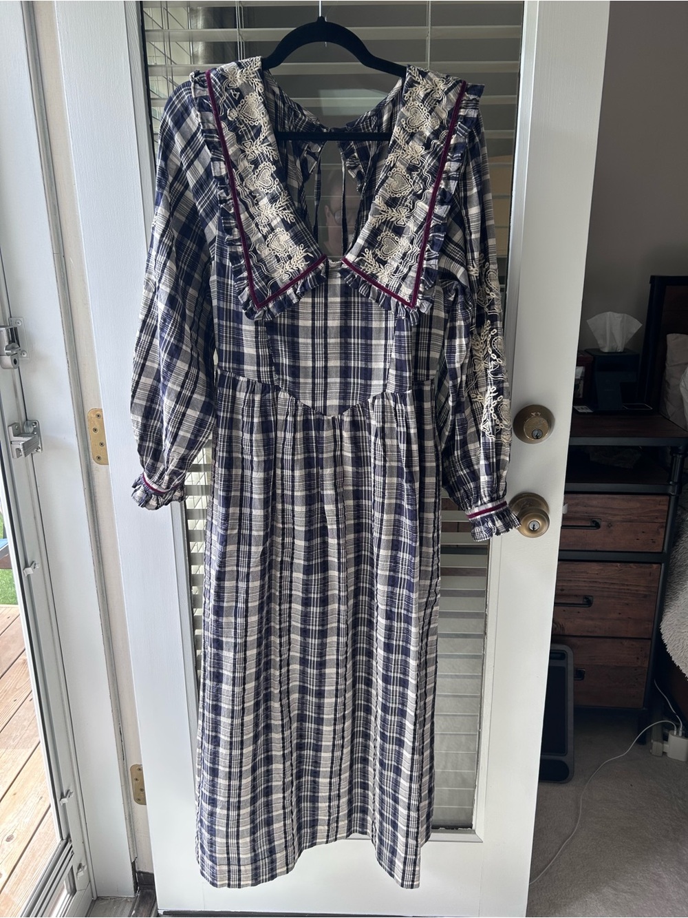Damson Madder Checked Dress in Blue/Ecru/Burgundy Embroidered Collar.UK 12/US 8